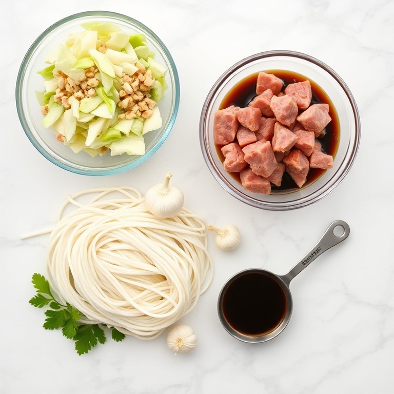 Raw ingredients for potsticker noodles: ground pork, cabbage, garlic, rice noodles, soy sauce, and ginger.