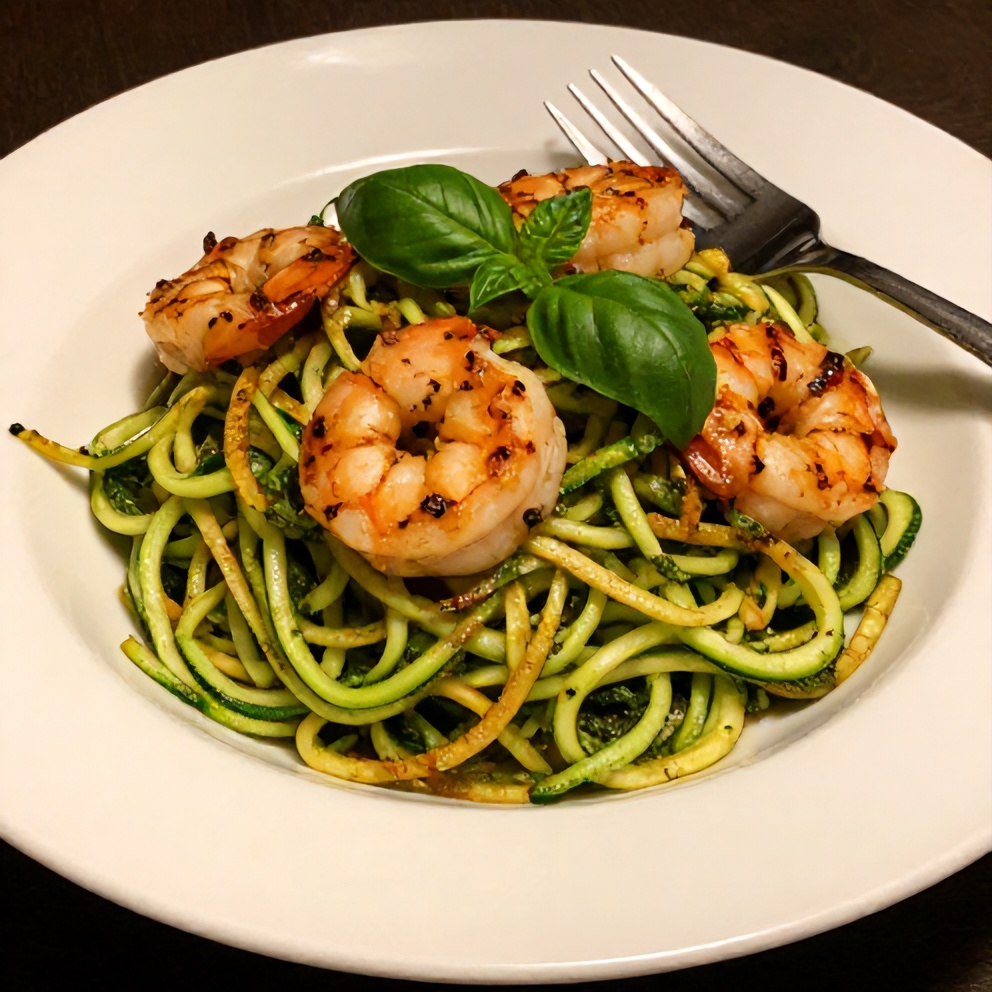 Plated zucchini noodles with pesto and grilled shrimp