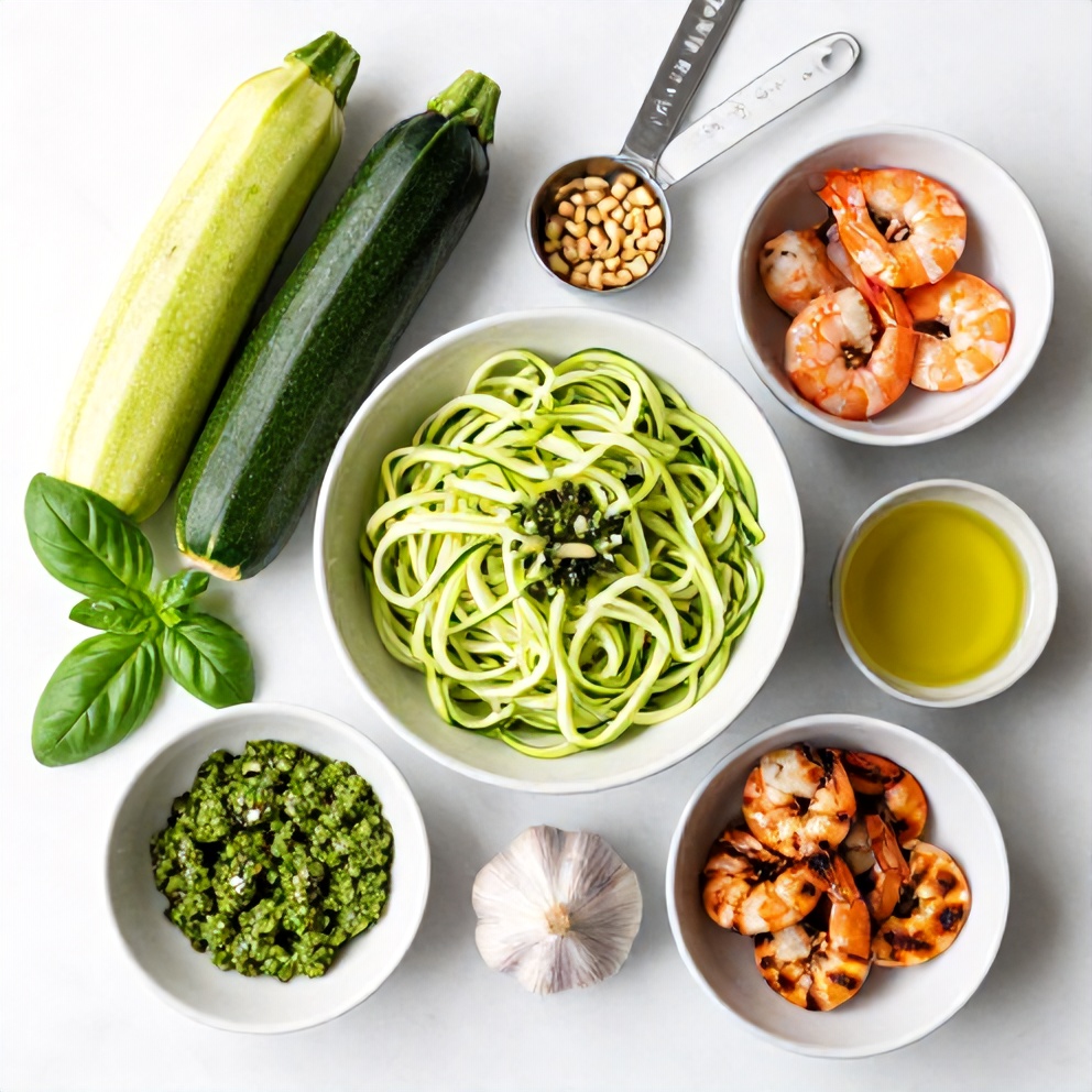 Raw ingredients for quick zucchini noodles with pesto and grilled shrimp