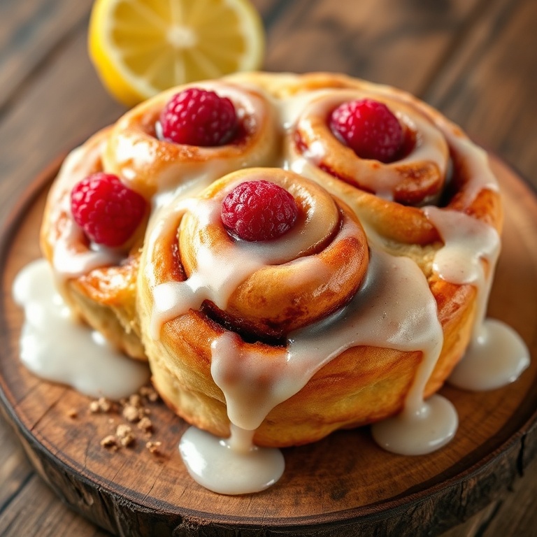 Perfectly baked raspberry cinnamon rolls topped with lemon glaze, placed on a rustic wooden plate