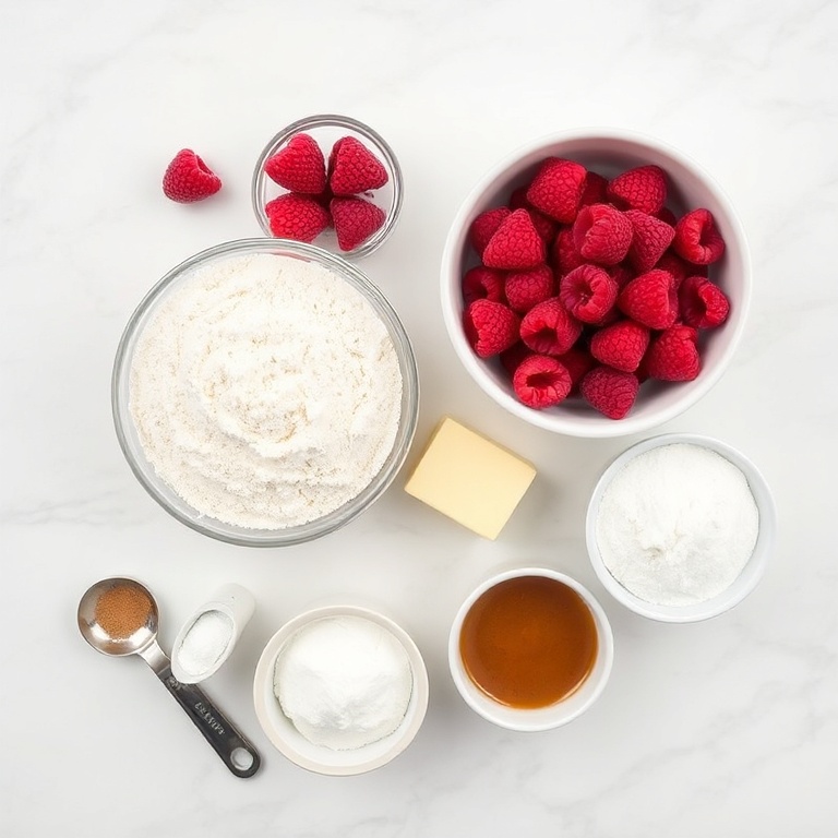 Fresh raspberries, flour, cinnamon, butter, and sugar in a neat overhead flat lay