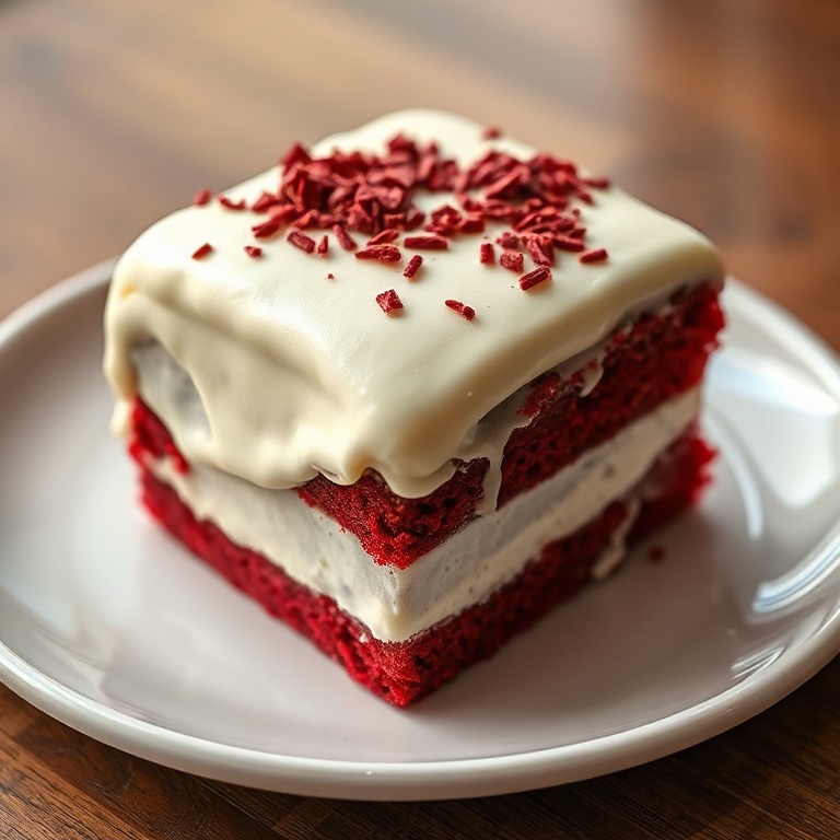 A perfectly plated red velvet cake with cream cheese frosting. The cake is covered in a smooth layer of frosting, with a small sprinkle of red chocolate shavings on top.