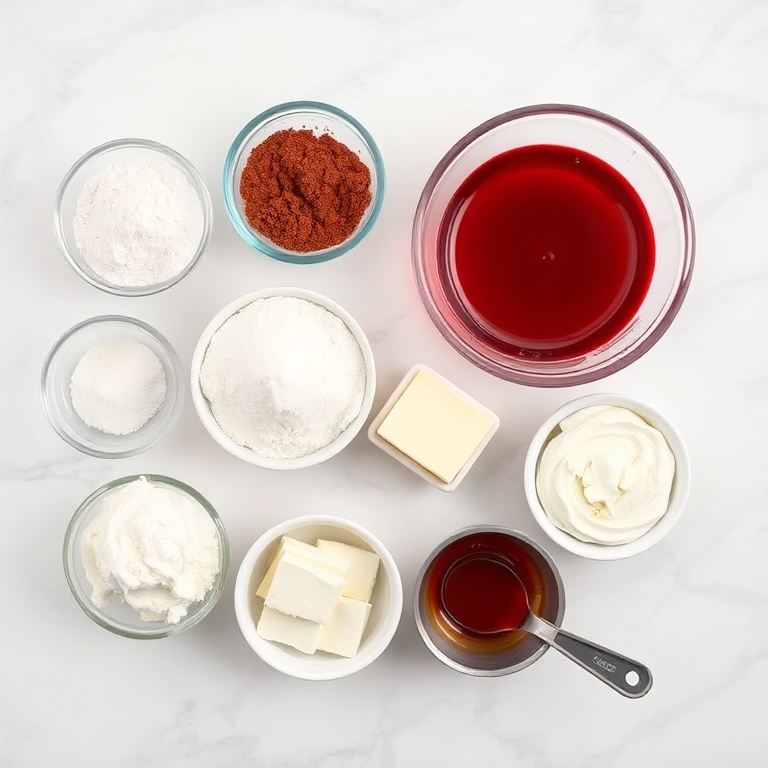 All the ingredients for red velvet cake with cream cheese frosting arranged in a flat lay. Flour, sugar, cocoa powder, red food coloring, butter, cream cheese, and eggs are clearly visible.