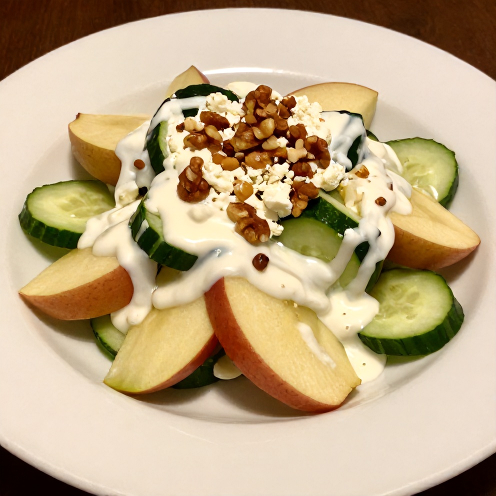 Plated apple cucumber salad with mint yogurt dressing