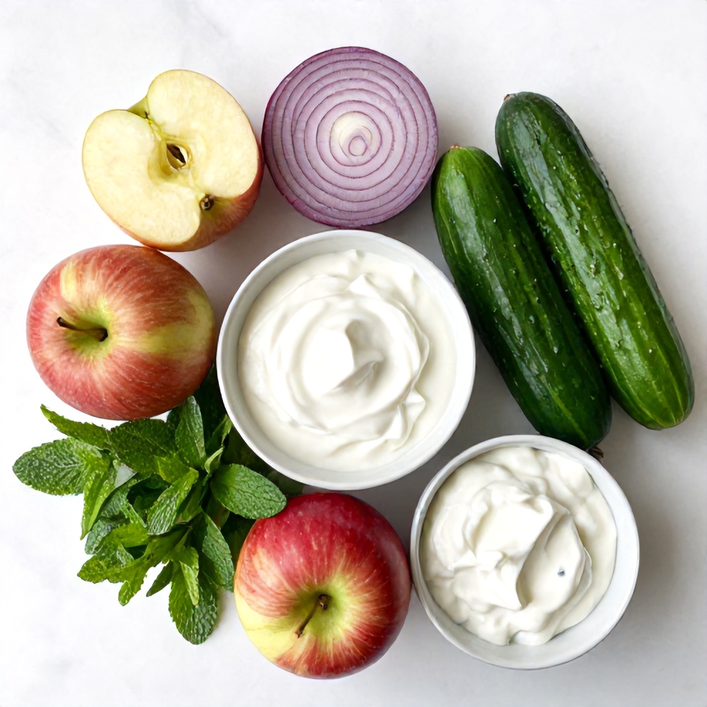 Raw ingredients for apple cucumber salad