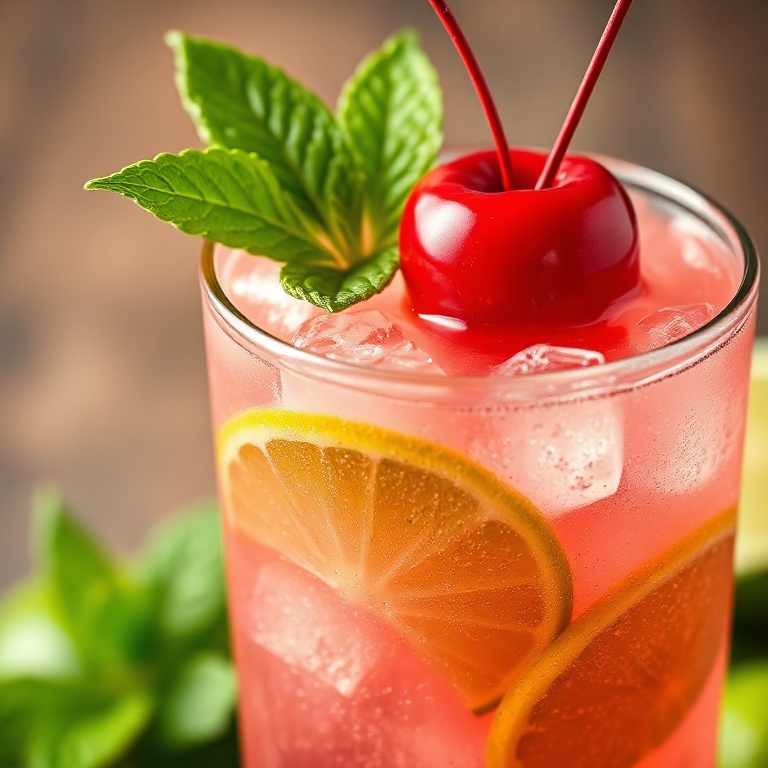 A glass of cherry limeade with a cherry on top and a mint leaf