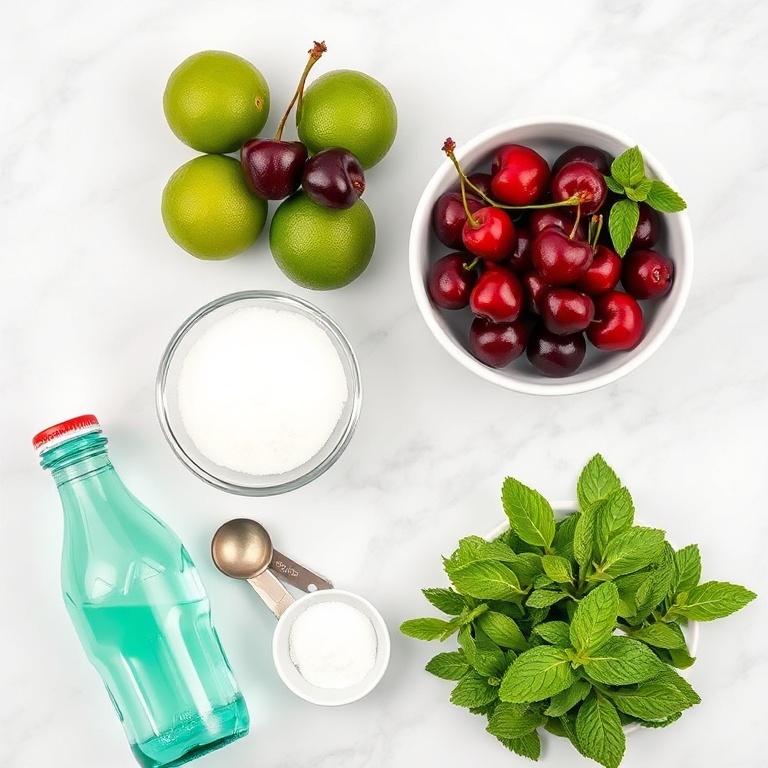 A flat lay of fresh cherries, limes, sugar, and a bottle of soda