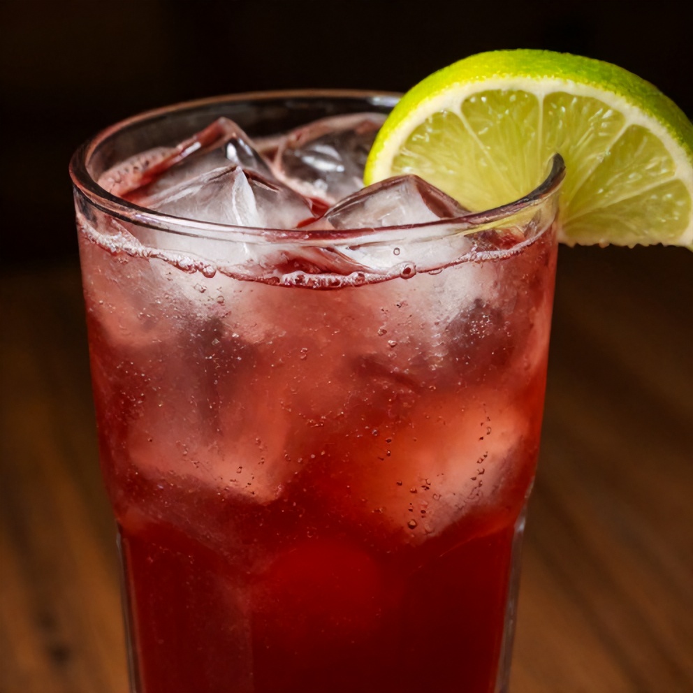 Cherry limeade in a glass with ice and lime wedge