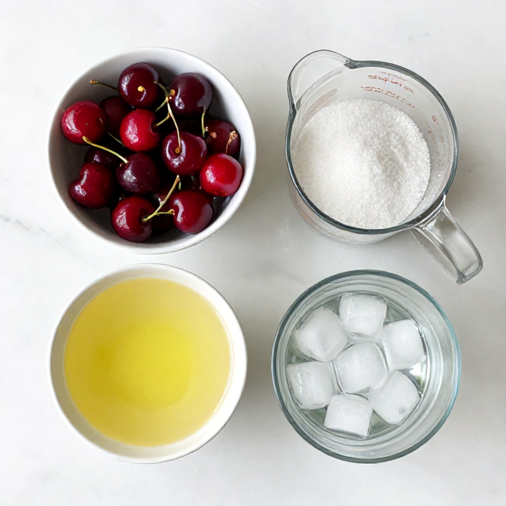 Ingredients for cherry limeade: cherries, limes, sugar, water, ice