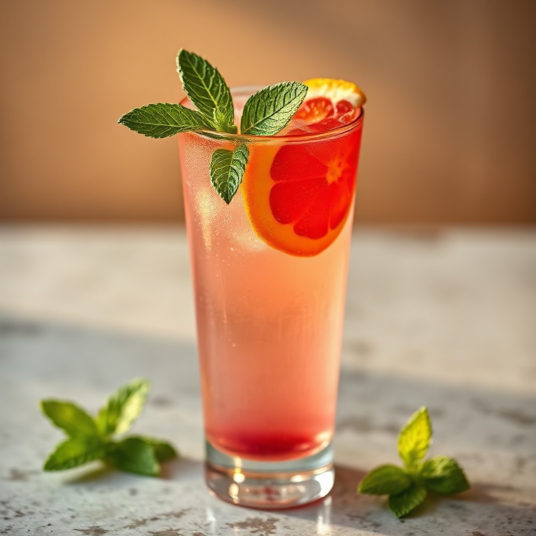 A single serving of hibiscus citrus mocktail in a glass with a slice of orange and a mint leaf. The drink is clear with a hint of pink and golden light reflecting off the surface.