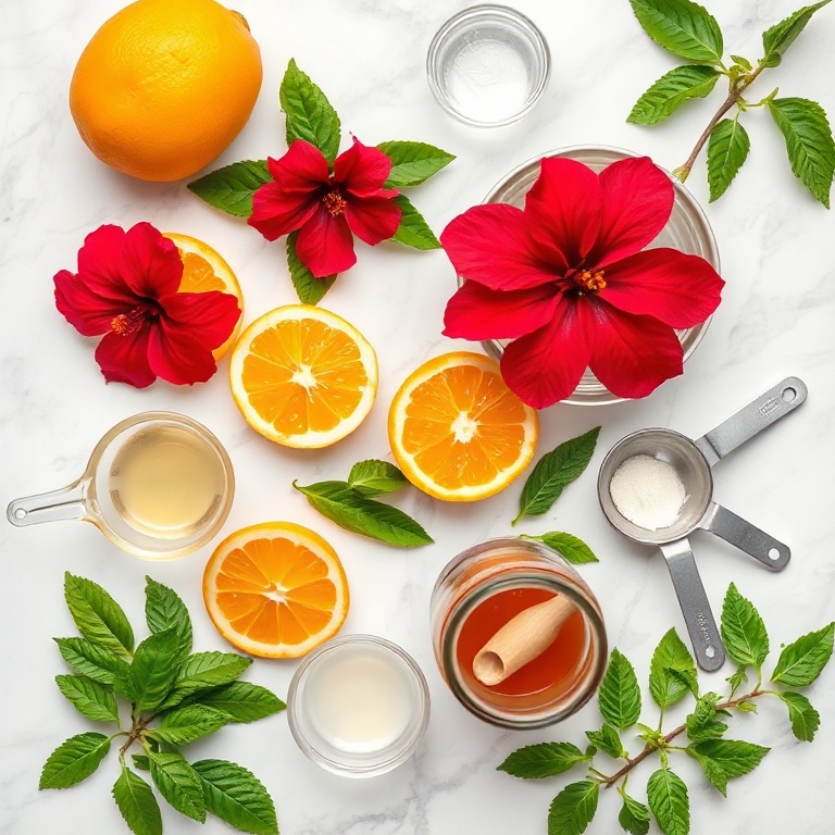 A flat lay of hibiscus flowers, fresh oranges, mint leaves, and a glass jar with a wooden spoon. The ingredients are arranged neatly on a white marble surface.