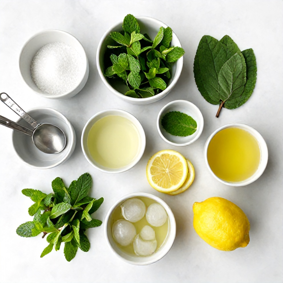 Raw ingredients for mint and lemon verbena iced tea laid out