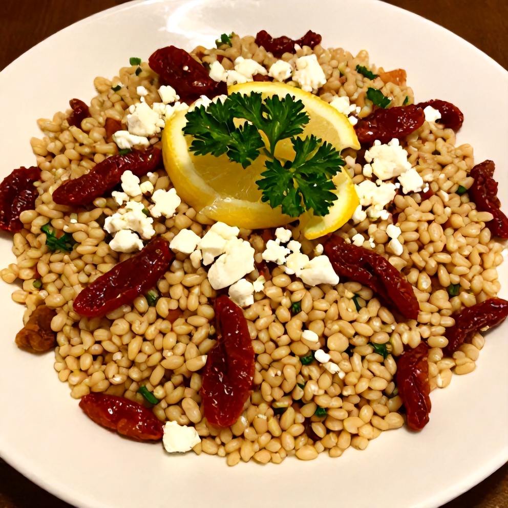 Plated Orzo Salad with Sun-Dried Tomatoes and Feta