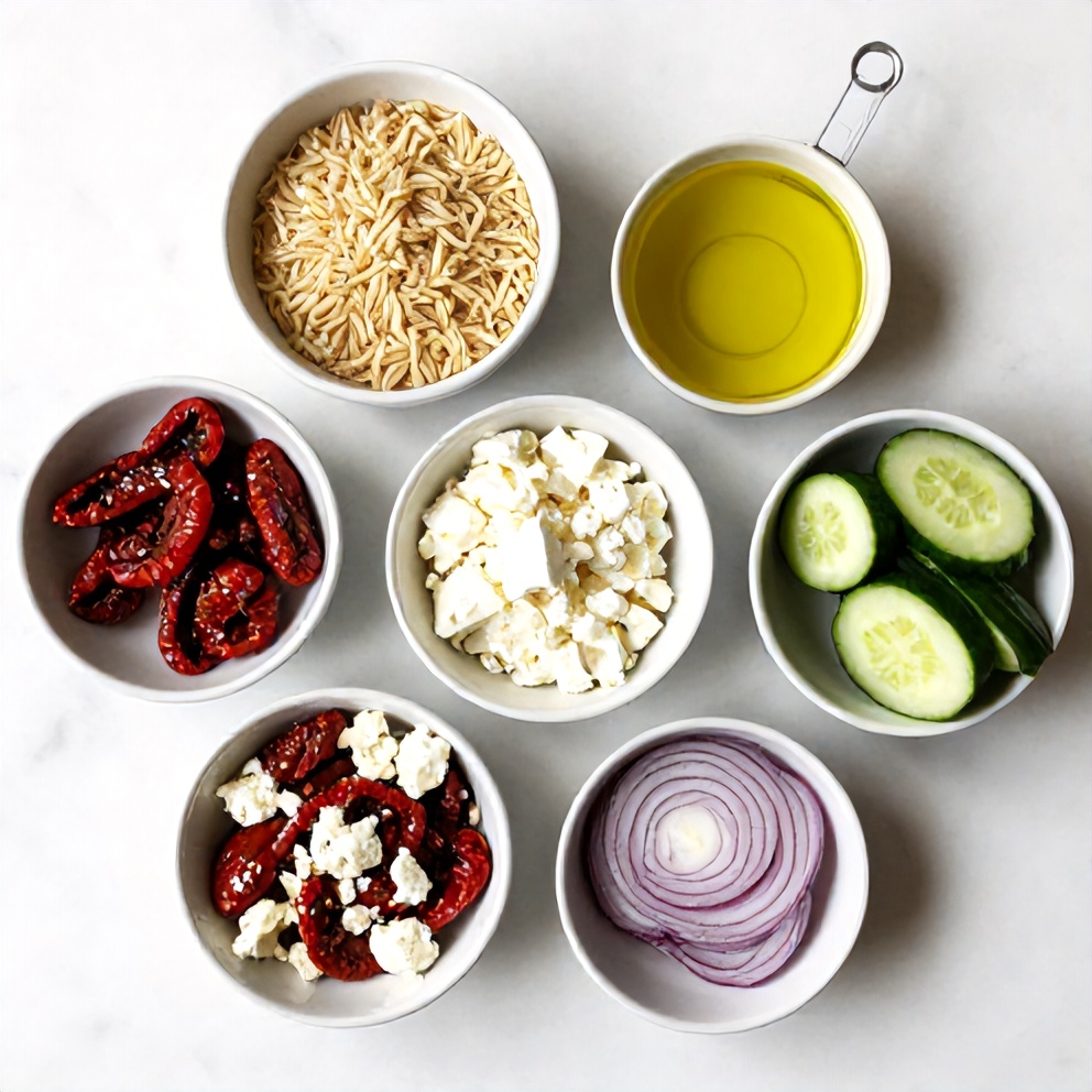 Orzo Salad Ingredients - Sun-Dried Tomatoes, Feta, Cucumber, Red Onion, Olive Oil