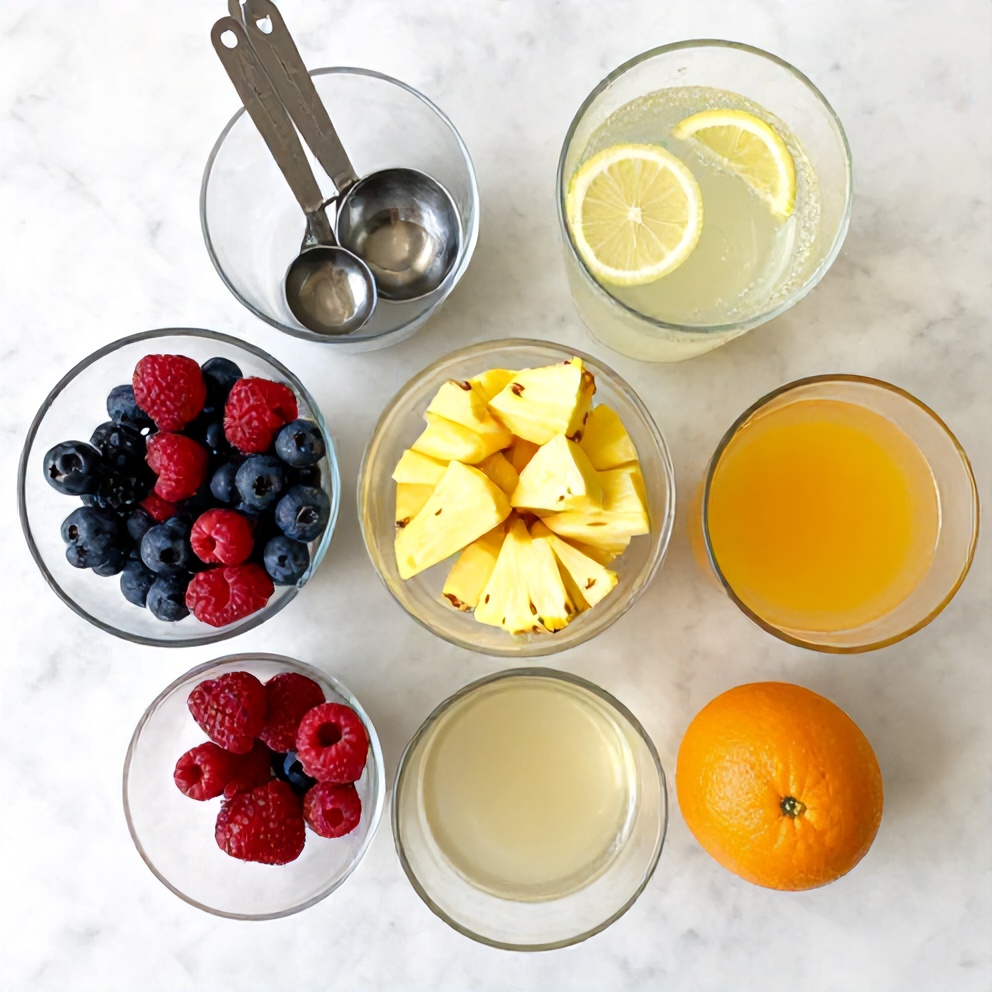 Raw ingredients for sparkling fruit punch on a marble counter
