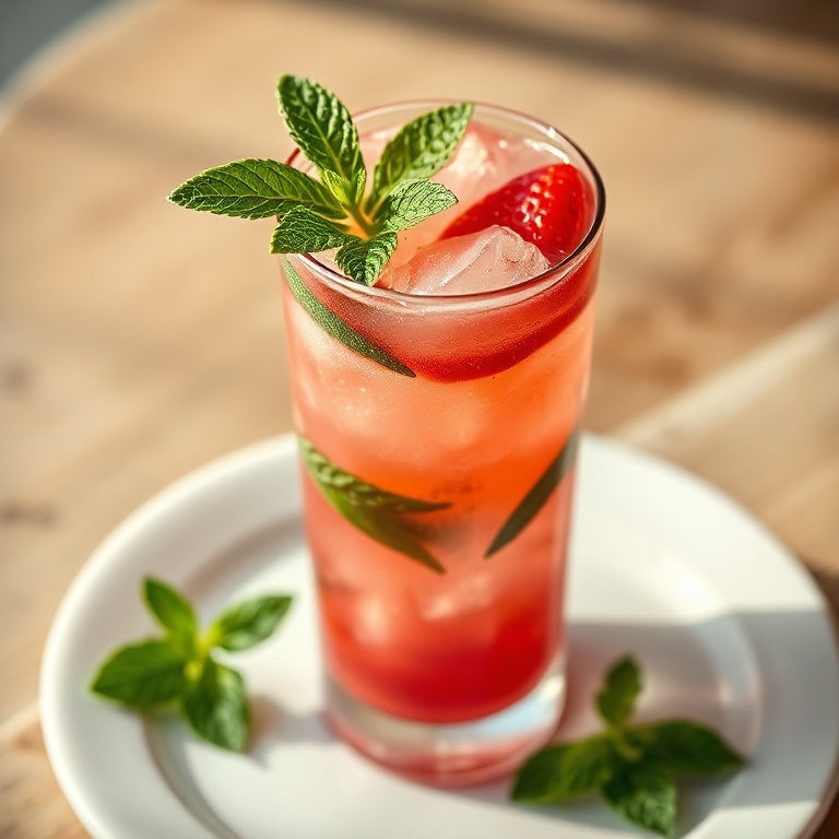 One glass of strawberry mojito mocktail with a mint sprig garnish on a clear glass, close cropped with condensation and vibrant color popping under warm light.