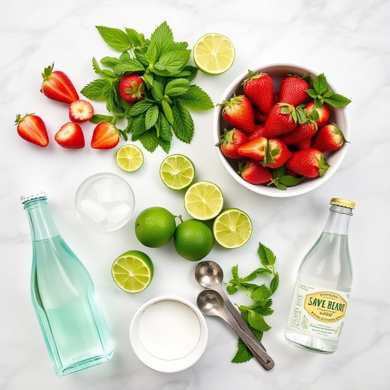 All raw ingredients for strawberry mojito mocktail arranged overhead: strawberries, fresh mint, limes, sparkling water, and cane sugar with small prep bowls.