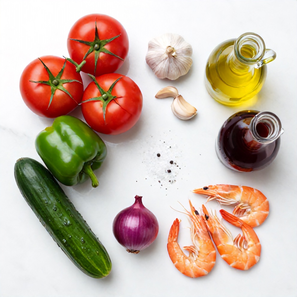 Raw Ingredients for Summer Gazpacho with Shrimp