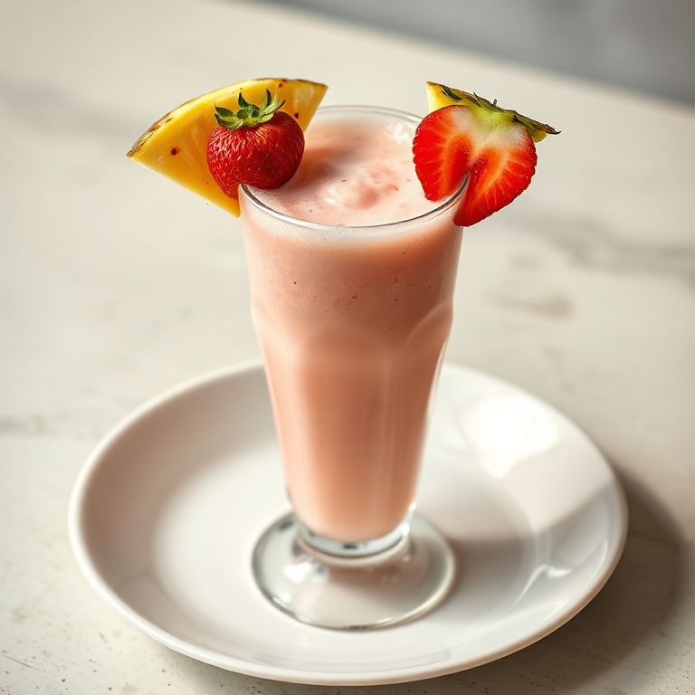 A single serving of a refreshing virgin strawberry pina colada in a tall glass. A slice of strawberry and a pineapple wedge sit on the rim, and the drink has a creamy, smooth texture with a pink hue.