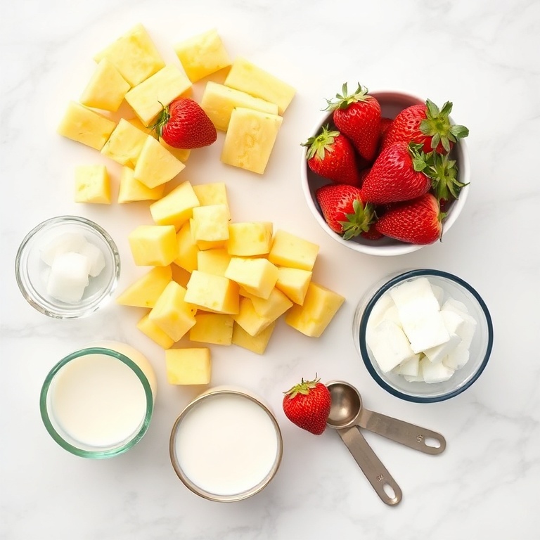 All the raw ingredients for a refreshing virgin strawberry pina colada. Fresh strawberries, pineapple chunks, coconut milk, and ice cubes arranged neatly on a white marble surface.