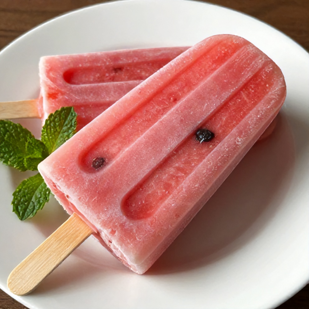 Watermelon coconut popsicles on a white plate
