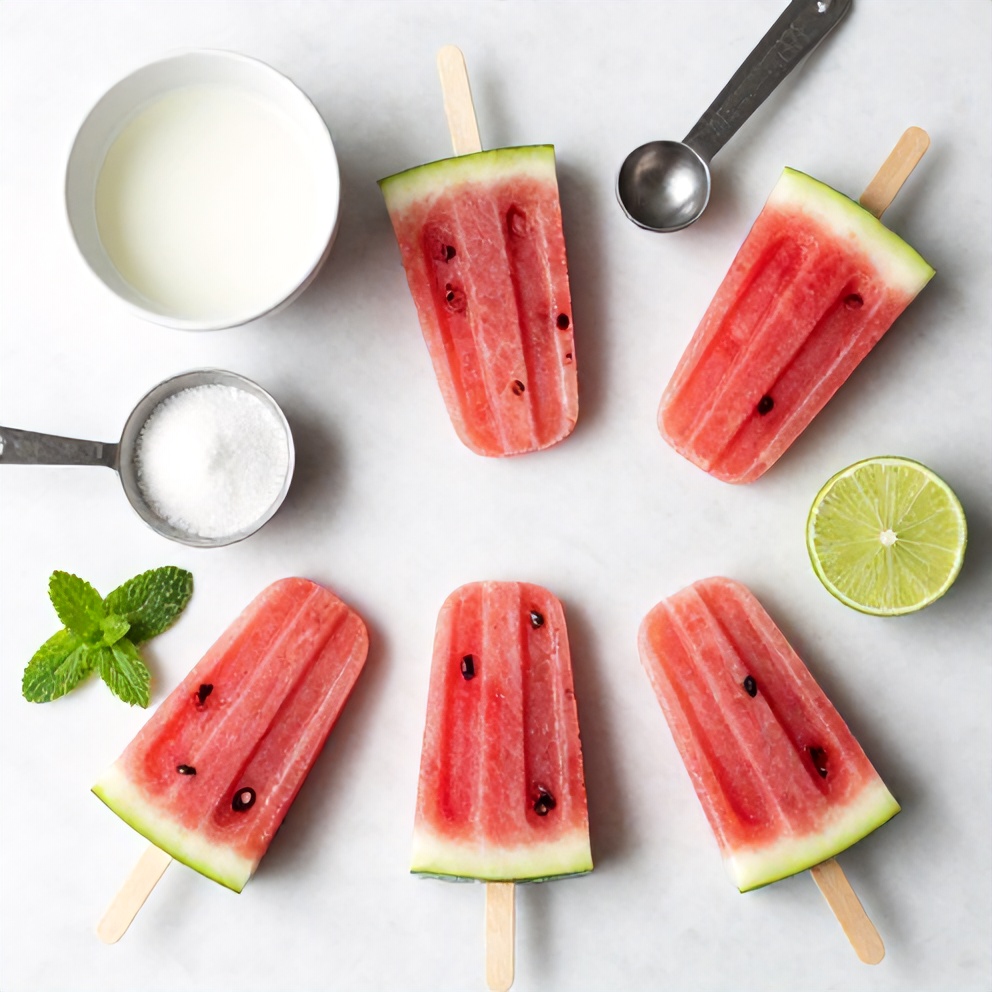 Watermelon, coconut milk, sugar, lime, and mint leaves on a white marble surface