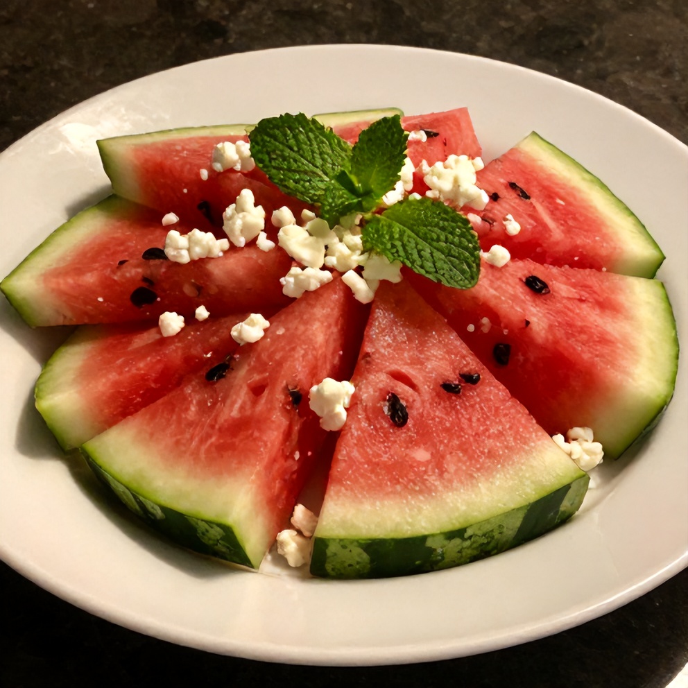 Plated Watermelon Cucumber Salad with Feta and Mint