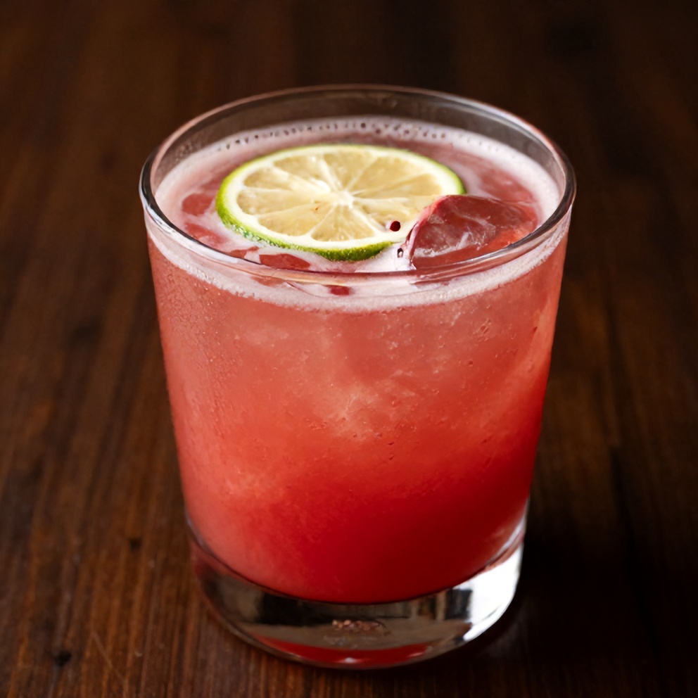 Watermelon rose cooler garnished with a lime wheel