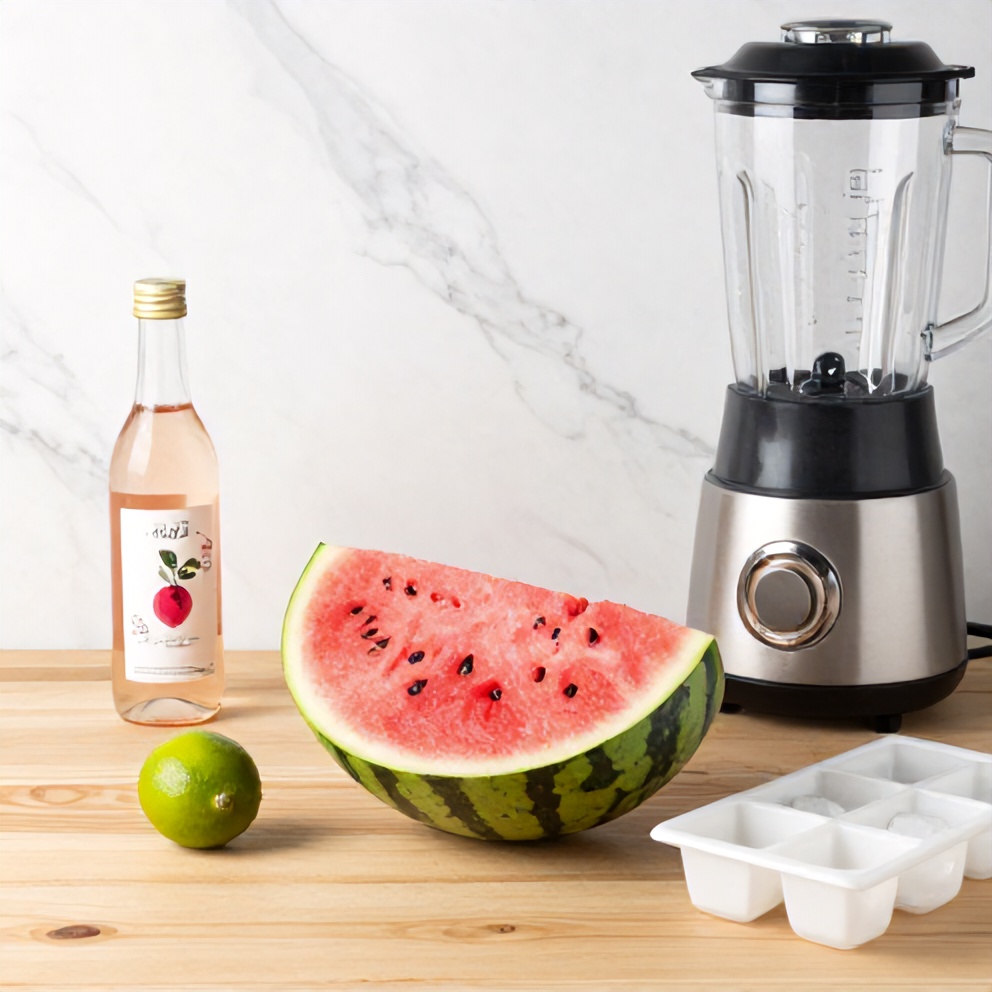 Watermelon, rose water, lime, and ice on a wooden surface
