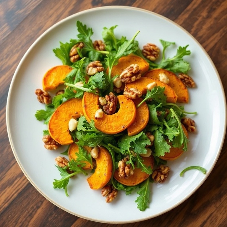 Plated salad with maple vinaigrette. Crispy squash, fresh arugula, and toasted walnuts. Elegant and cozy.
