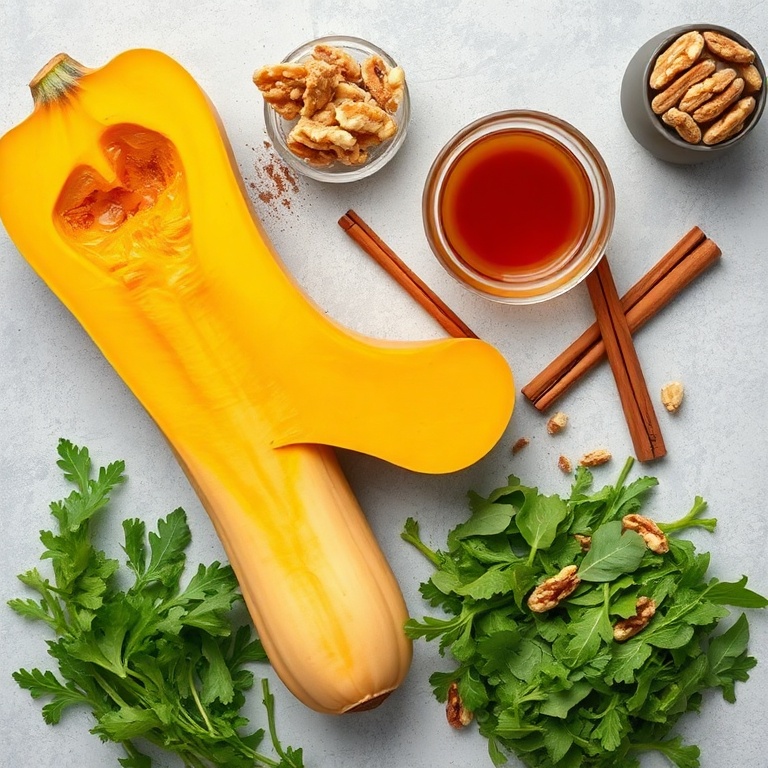 Raw delicata squash, maple syrup, cinnamon, arugula, walnuts, and honey. Fresh ingredients in a flat lay.