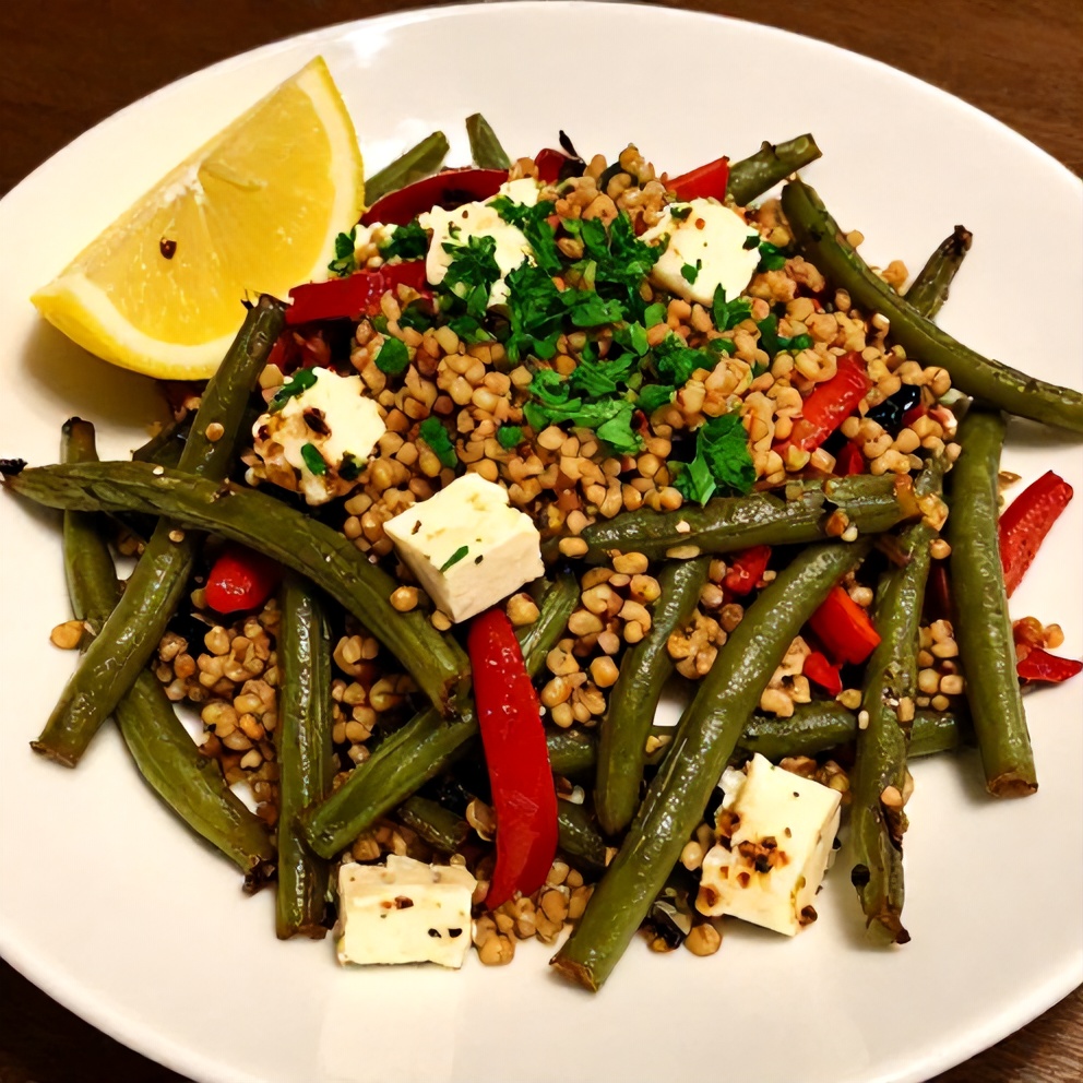 Plated roasted green bean quinoa salad with red pepper and feta