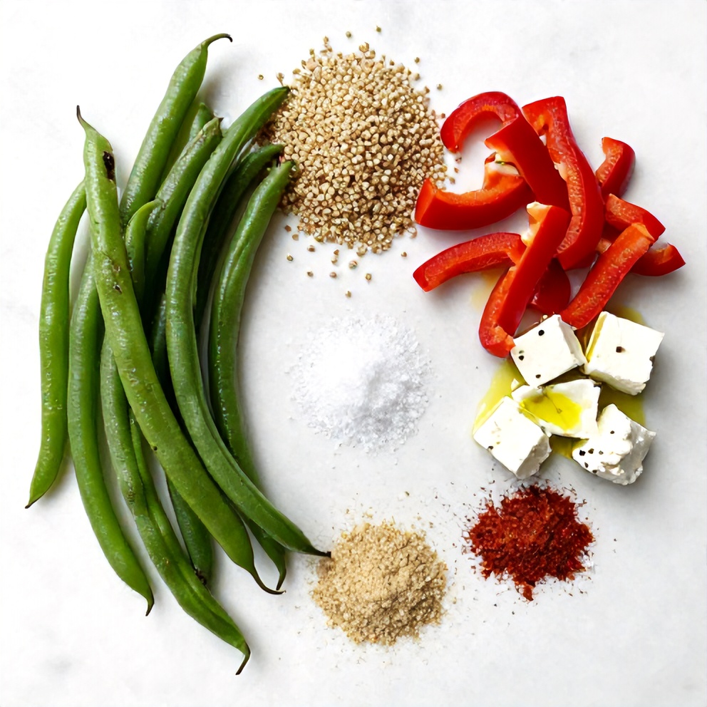 Raw ingredients for roasted green bean quinoa salad