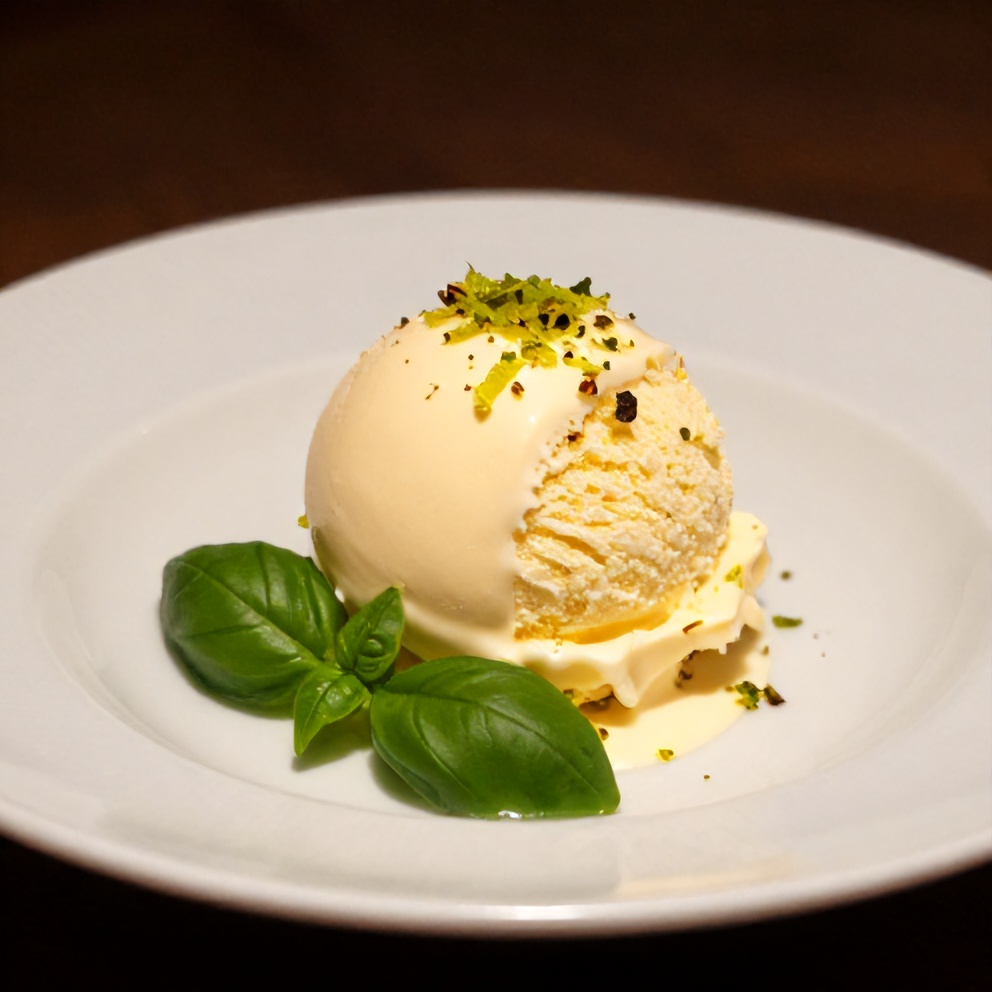 Scoop of Roasted Strawberry Lime Basil Ice Cream on a Cone