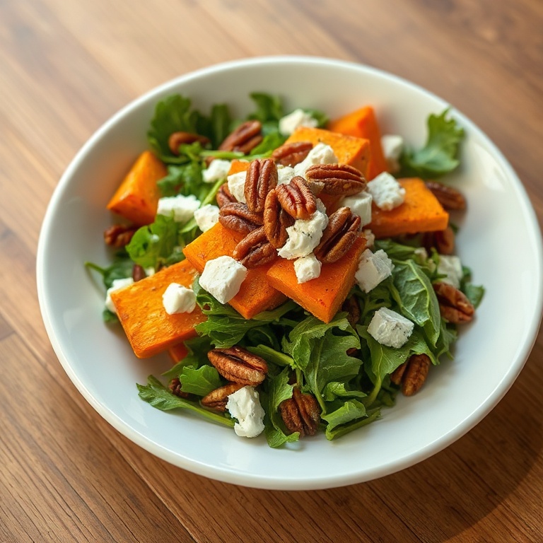 One plated serving of roasted sweet potato arugula salad topped with feta and toasted pecans on a white shallow bowl, close up with warm light and fresh textures.