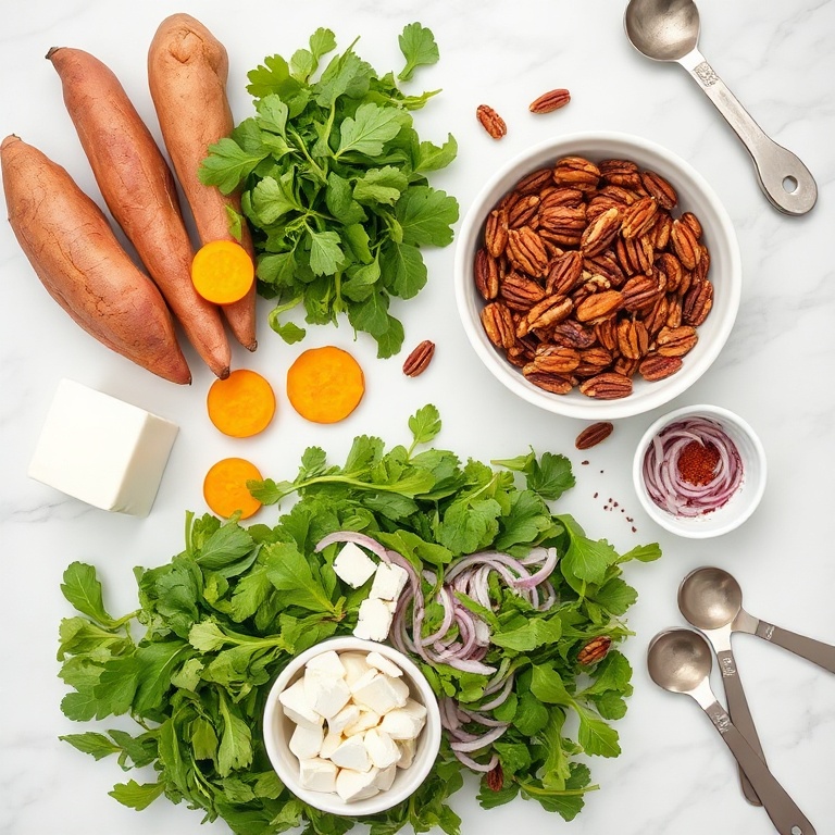 Overhead of raw sweet potatoes, arugula, pecans, feta, and red onion on a white marble surface with measuring spoons and prep bowls arranged for fall salad prep.