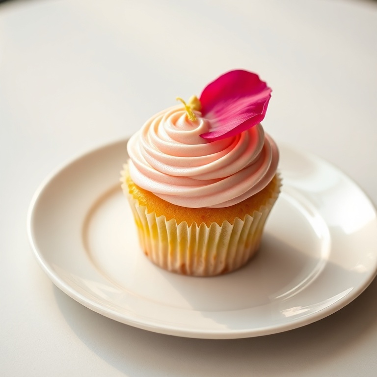 A single rose and pistachio cupcake on a white plate. Topped with a rose petal and a small pistachio shard.