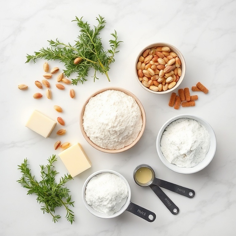 Fresh rosemary, pistachios, flour, sugar, butter, and rose water arranged in a flat lay on a white marble surface.