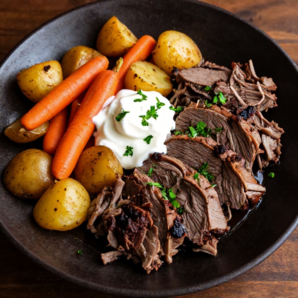 Plated serving of slow cooker chuck roast