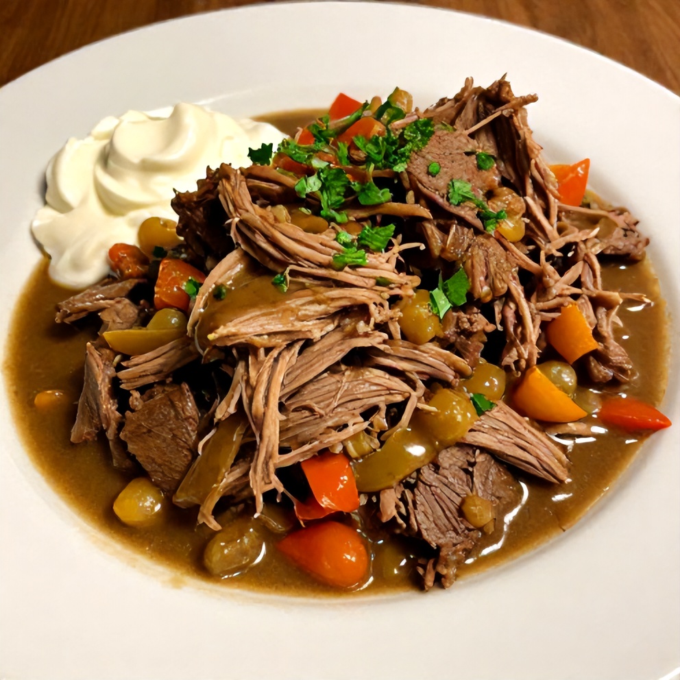 Plated slow cooker chuck roast with vegetables