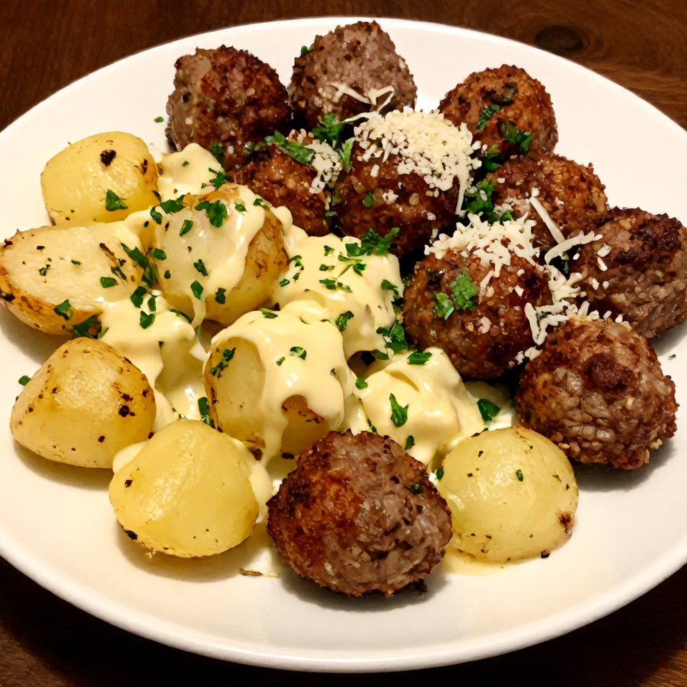 Plated Garlic Butter Beef Bites with potatoes
