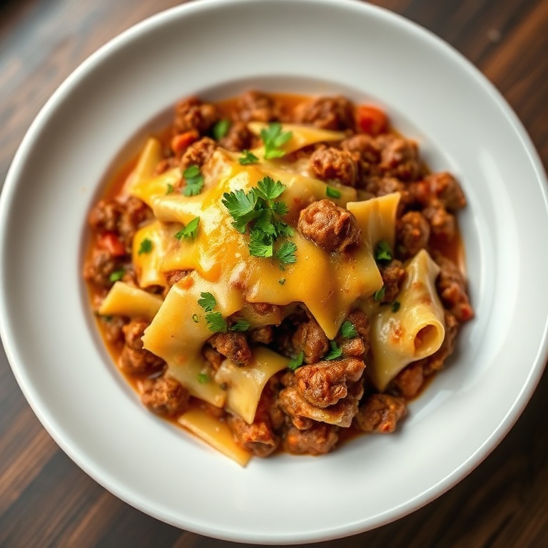 One hearty bowl of ground beef goulash topped with extra cheddar and fresh parsley, placed on a simple white bowl with cozy lighting highlighting the melty cheese.