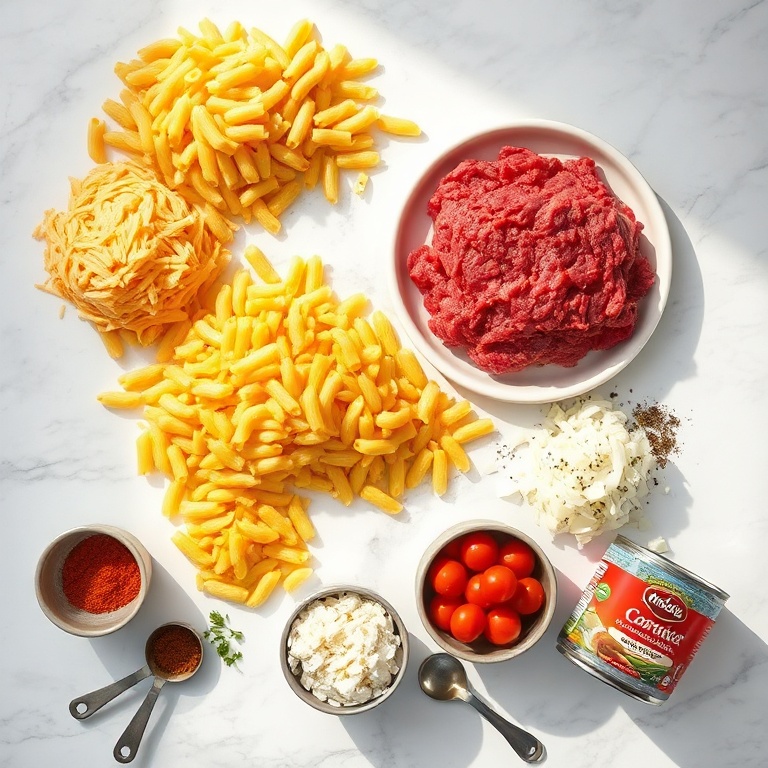 Flat lay of raw ground beef, cheddar cheese shreds, elbow macaroni, onions, and canned tomatoes with measured spices, all arranged on a white marble surface with bright natural light.