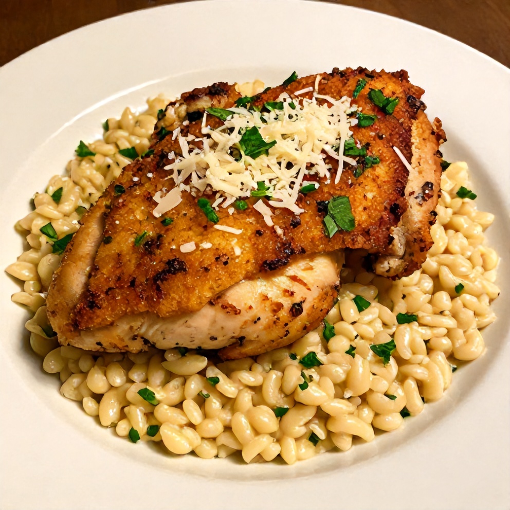Plated serving of slow cooker parmesan herb chicken with creamy orzo