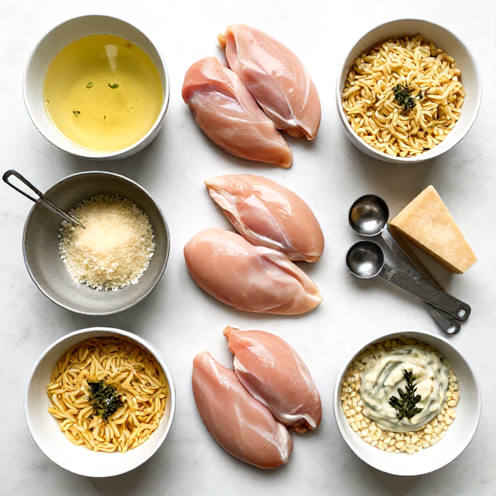 Raw ingredients for slow cooker parmesan herb chicken with creamy orzo