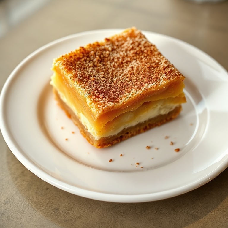 One perfect plated serving of soft baked maple donut bars. Cinnamon sugar on top. White ceramic plate. Warm side lighting showing texture. Photorealistic food photography. No text. No watermark.