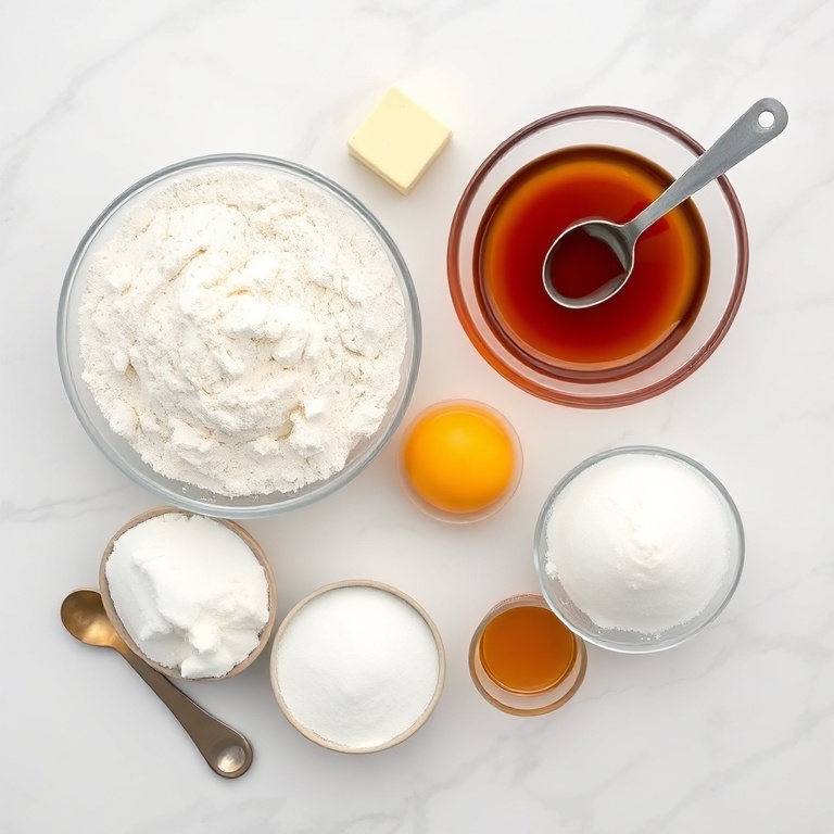 Flour, butter, maple syrup, eggs, and sugar arranged in an overhead flat lay. Measuring spoons and bowls visible. White marble surface. Bright even light. Photorealistic overhead food photography. No text. No watermark.