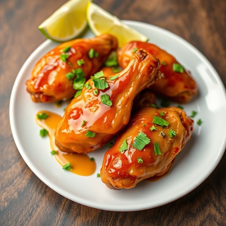 Perfectly plated chicken wings with spicy honey lime glaze, garnished with lime zest and cilantro on a white ceramic plate
