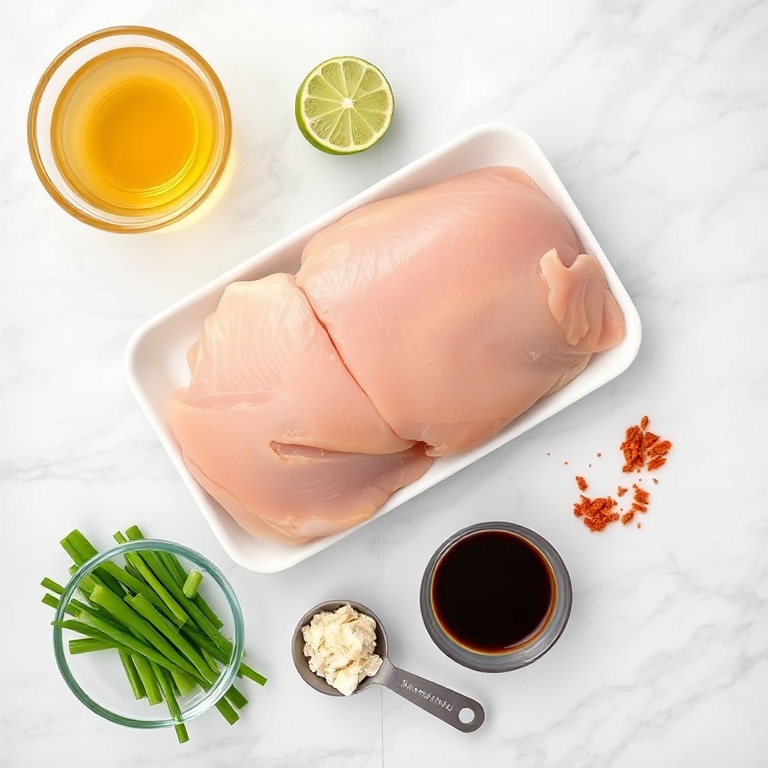 Raw chicken, honey, lime juice, garlic, chili flakes, soy sauce, and green onions arranged in an overhead flat lay on a white marble surface