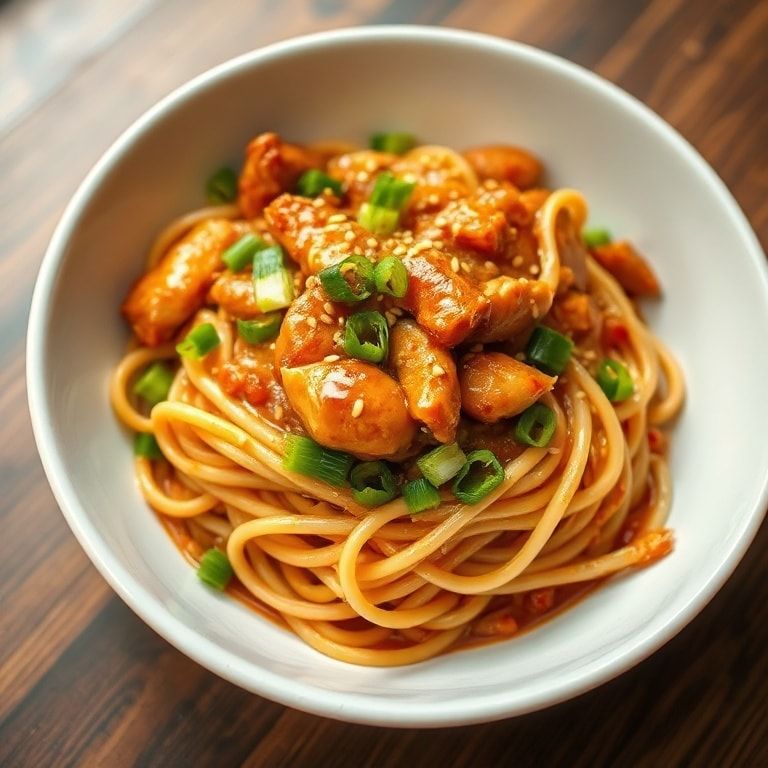 Single serving of sticky garlic chicken noodles garnished with sliced scallions and sesame seeds in a wide white bowl, close crop, glowing sauce.
